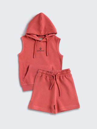 eebabee Boys Solid Sleeveless Hooded Set - Coral Edition - Kidulan