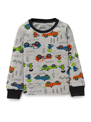 Full sleeve red & cyan toy car pattern in white pajama set for baby - Kidulan