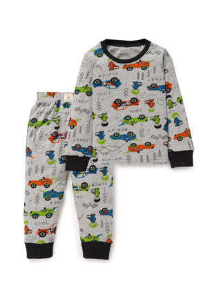 Full sleeve red & cyan toy car pattern in white pajama set for baby - Kidulan
