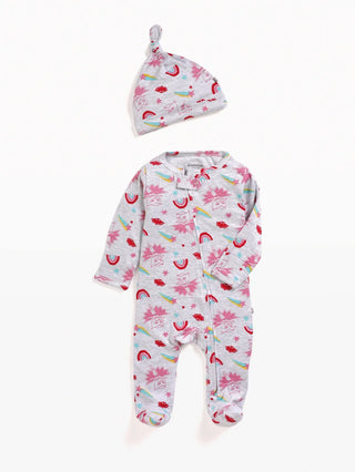 Full sleeve greyish violet & rainbow patterns zipper sleepsuit with cap for baby - Kidulan