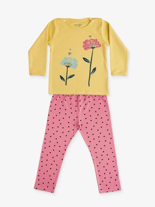GIRLS MY CUTE FLOWERS FULL SLEEVE GRAPHIC TEE WITH STRETCHY LEGGINGS - Kidulan