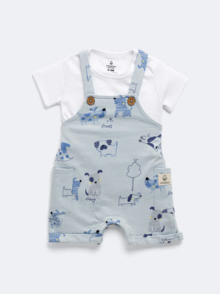 Cotton Dungaree Set with Playful Puppy Print