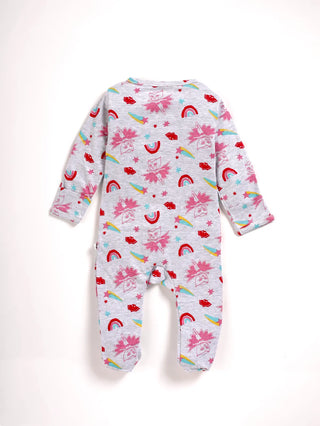 Full sleeve greyish violet & rainbow patterns zipper sleepsuit with cap for baby - Kidulan
