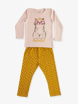 GIRLS PURRFECT CAT FULL SLEEVE GRAPHIC WITH STRETCHY LEGGINGS - Kidulan