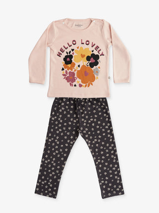 GIRLS HELLO LOVELY FULL SLEEVE GRAPHIC TEE WITH STRETCHY LEGGINGS - Kidulan