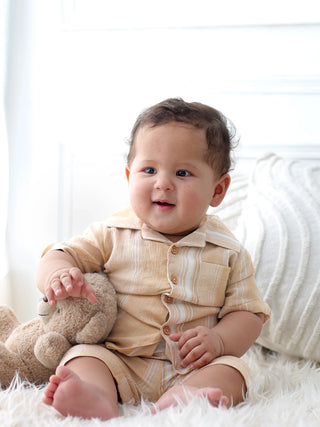 Boys Beige Stripe Shirt & Shorts Set - Kidulan