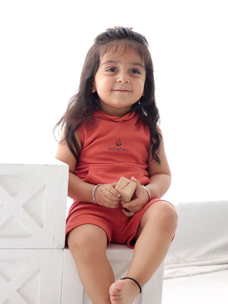 Boys Solid Sleeveless Hooded Set - Coral Edition - Kidulan