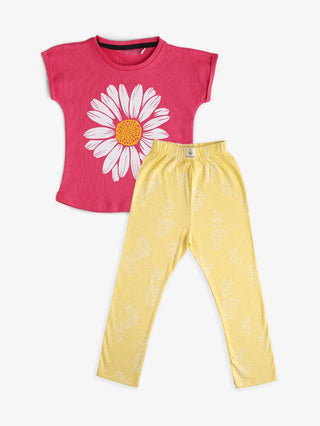 Half sleeve rose pink & white pattern in yellow t-shirt with leggings for baby girls - Kidulan