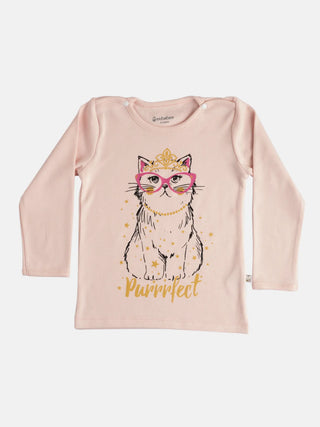 Full sleeve cute cat pattern in pink t-shirt for baby girls - Kidulan