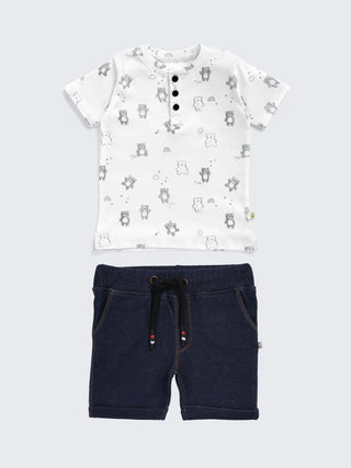 Teddy Print Henley Tee & Denim Like Shorts Set