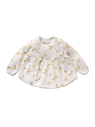 Full sleeve yellow & grey dot pattern frock for baby girls - Kidulan