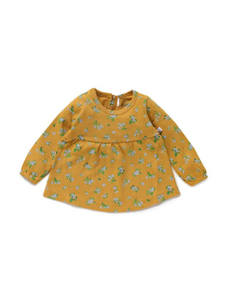 Full sleeve blue flower pattern in yellow frock for baby girls - Kidulan