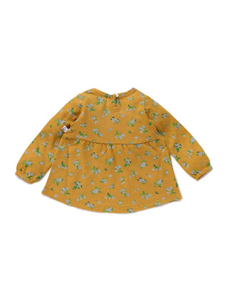 Full sleeve blue flower pattern in yellow frock for baby girls - Kidulan