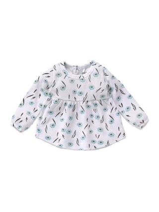 Full sleeve cyan flower pattern in white frock for baby girls - Kidulan