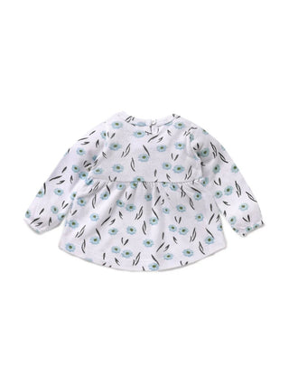 Full sleeve cyan flower pattern in white frock for baby girls - Kidulan