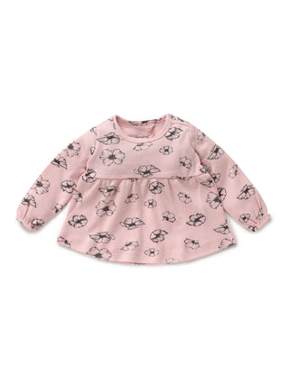 Full sleeve graphic pattern in pink & grey floral gown for baby girl