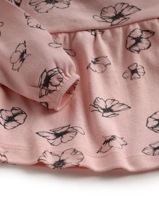 Full sleeve black flower pattern in pink frock for baby girls - Kidulan