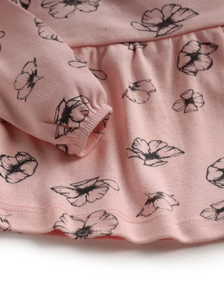 Full sleeve black flower pattern in pink frock for baby girls