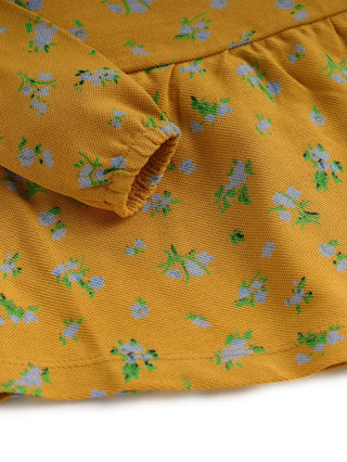 Full sleeve blue flower pattern in yellow frock for baby girls - Kidulan