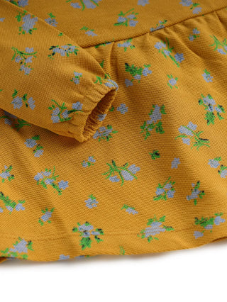 Full sleeve blue flower pattern in yellow frock for baby girls