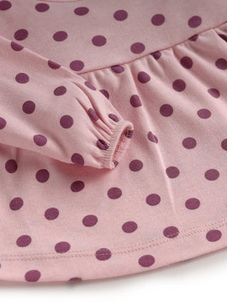 Full sleeve lavender dot pattern in pink frock for baby girls