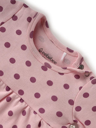 Full sleeve lavender dot pattern in pink frock for baby girls