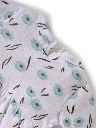 Full sleeve cyan flower pattern in white frock for baby girls - Kidulan