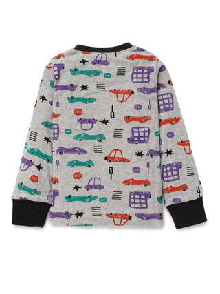 Full sleeve toy car graphic pattern in white pajama set for baby