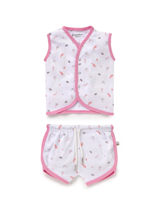 Sleeveless pink & orange leaf pattern in white, black stripes pattern in white jabla set combo for baby
