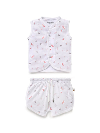 Sleeveless pure white & red leaf pattern jabla set for baby - Kidulan