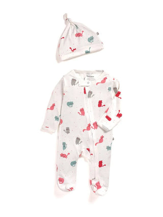 Full sleeve cat patterns in white zipper sleepsuit with cap for baby - Kidulan