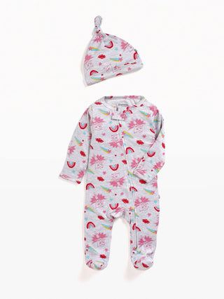 Full sleeve pink & black graphic, white & yellow dots zipper sleepsuit with cap combo for baby