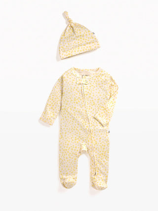 Full sleeve yellow patterns in white zipper sleepsuit with cap for baby - Kidulan