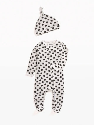 Full sleeve black round pattern in white zipper sleepsuit with cap for baby - Kidulan