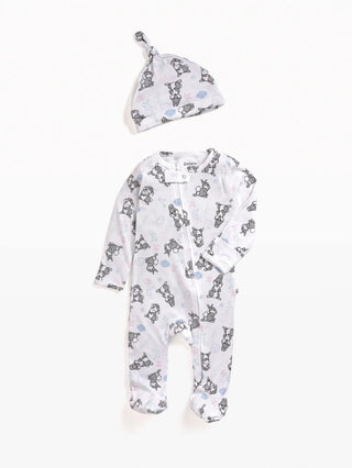 Full sleeve white & grey rabbit pattern ,cream & yellow dot zipper sleepsuit with cap combo for baby - Kidulan