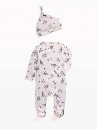 Full sleeve grey leaf pattern in cream zipper sleepsuit with cap for baby - Kidulan