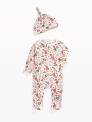 Full sleeve orange and grey rabbit pattern in white zipper sleepsuit with cap for baby - Kidulan