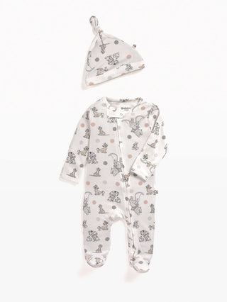 Full sleeve dotted & elephant pattern in cream zipper sleepsuit with cap for baby - Kidulan