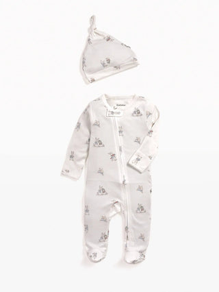 Full sleeve cute rabbit pattern in cream zipper sleepsuit with cap for baby - Kidulan