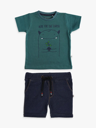 Half sleeve green & navy blue denim shorts & t-shirt set for baby - Kidulan