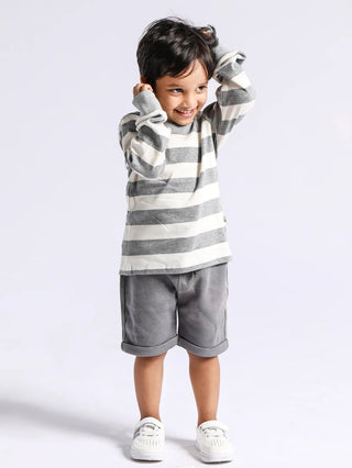 Full sleeve grey & white denim shorts & cuff t-shirt set for baby - Kidulan