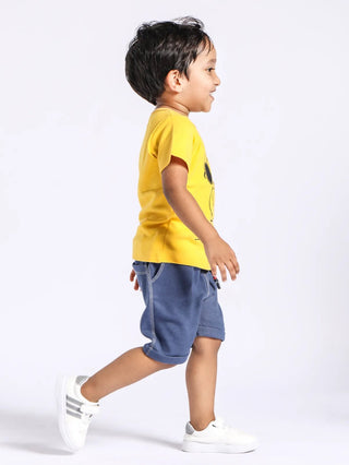 Half sleeve graphic pattern on yellow & blue denim shorts & t-shirt set for baby - Kidulan