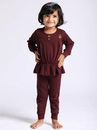 BABY GIRL SOLID FROCK CO-ORD SET - SUPER MAROON - Kidulan