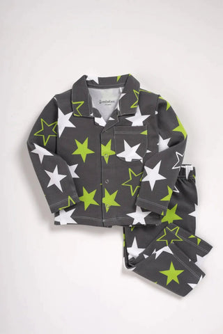 Full sleeve green & white star pattern in grey pajama set for baby - Kidulan