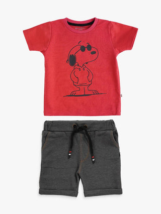 Half sleeve red & grey denim shorts & t-shirt set for baby - Kidulan