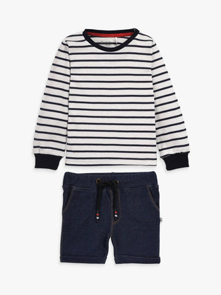 Full sleeve black stripe pattern in white & blue denim shorts & cuff t-shirt set for baby - Kidulan