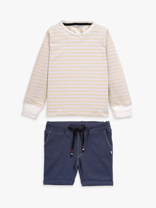 Full sleeve cream stripe pattern in white & blue denim shorts & cuff t-shirt set for baby - Kidulan