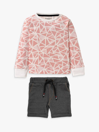 Full sleeve white stripe pattern in pink & blue denim shorts & cuff t-shirt set for baby - Kidulan