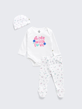 Eebabee Newborn 'Made with Love' 3-Piece Long Sleeve Bodysuit Set