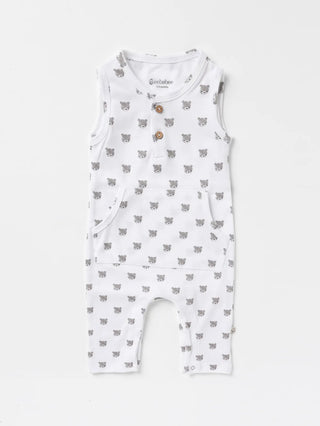 Sleeveless grey teddy pattern in white dungaree for baby - Kidulan